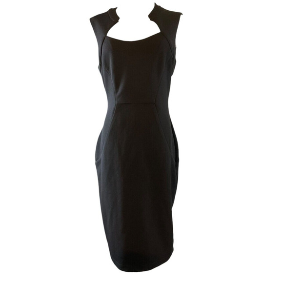 Bisou Bisou Black Halter Dress Gold Neck Accent Open Back Bodycon Midi Size 8 - Picture 1 of 11